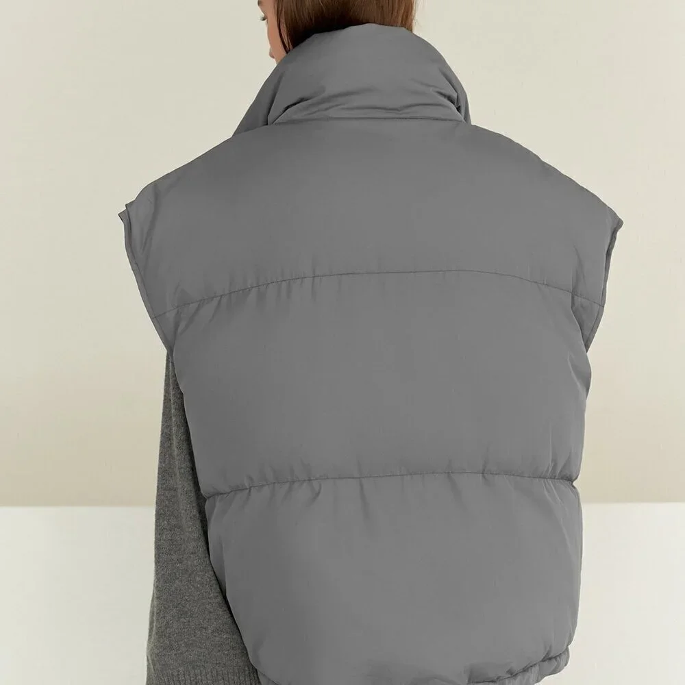 Grey Casual Women's Drawstring Hem Sleeveless Zip Front Puffer Pockets Coat - Picture 2 of 8